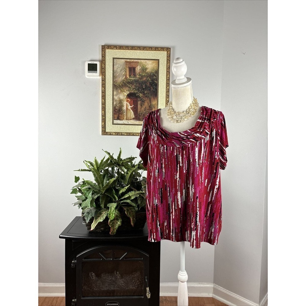 Rafaella Stretch Multicolor Collarless Cap Sleeve Boat Neck Blouse L Pleated